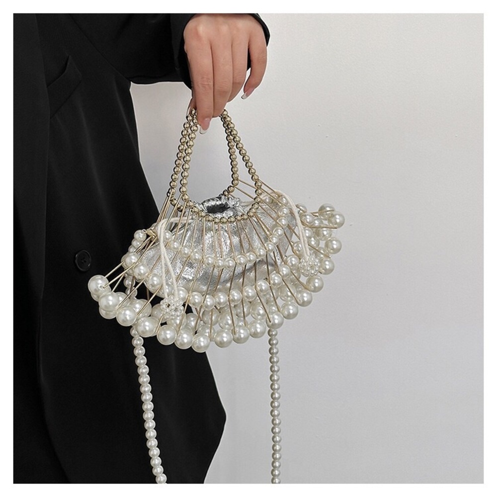 women's pearl chain oblique hollow handbag - Picture 3 of 16